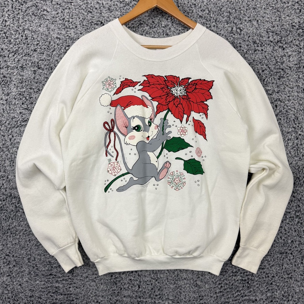 Vintage 90s Christmas Sweatshirt Adult XL Mouse Poinsettia Graphic Sweater USA